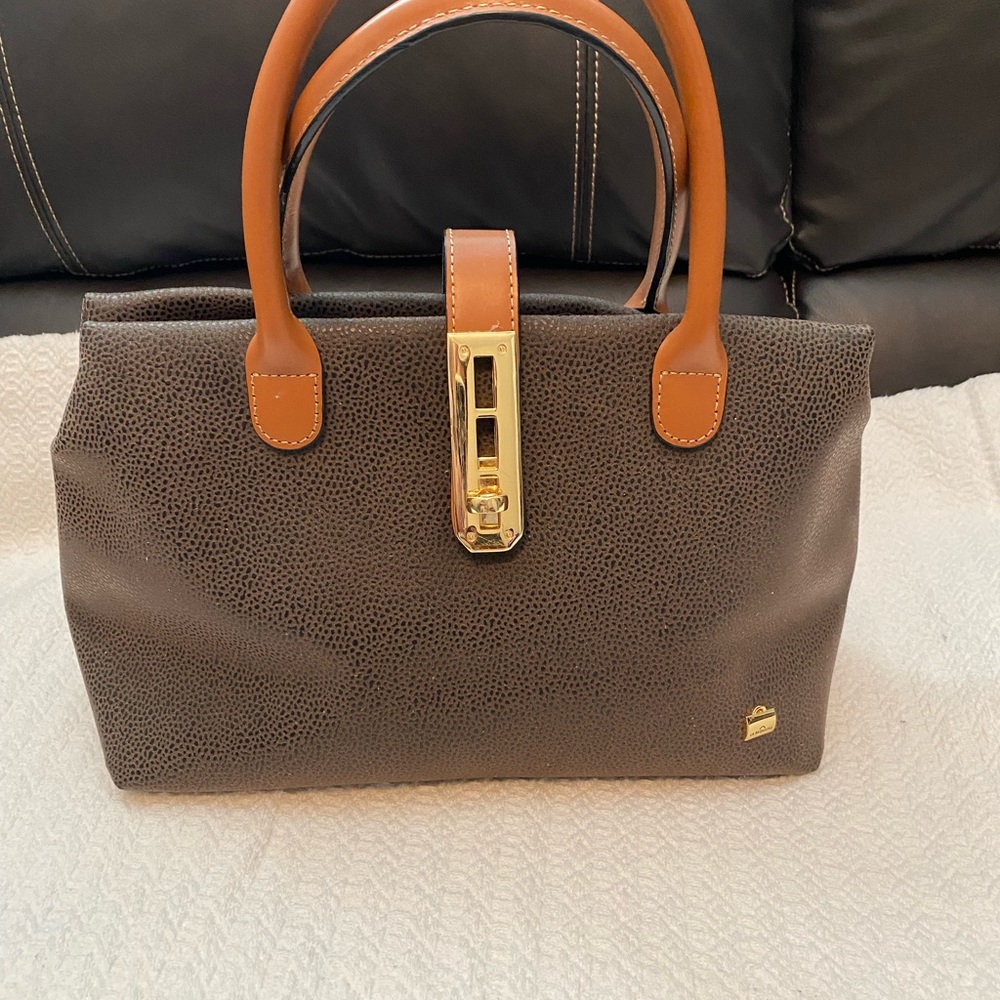 LaBagagerie satchel purse. Taupe with tan leather handles. Made in France.